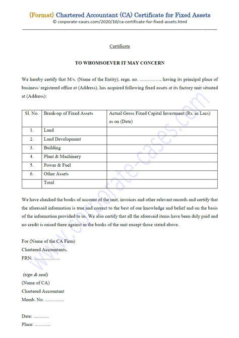 Chartered Accountant (CA) Certificate Format for Fixed Assets