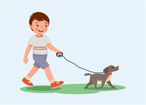 Cute little boy walking the dog in the park 9295210 Vector Art at Vecteezy