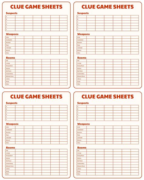 Clue Game Sheets Printable | Clue games, Printable board games, Homemade board games