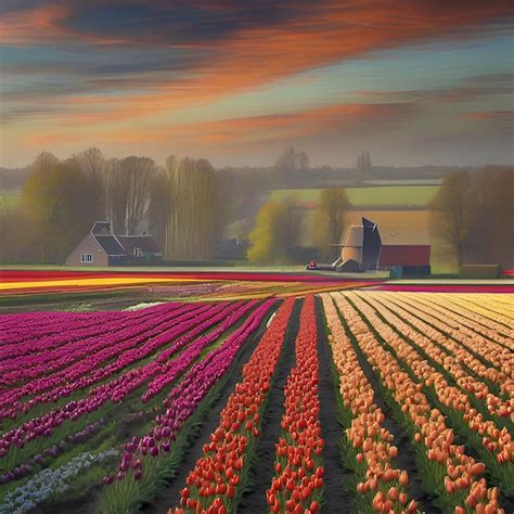 Premium PSD | Dutch rural tulip fields countryside landscape