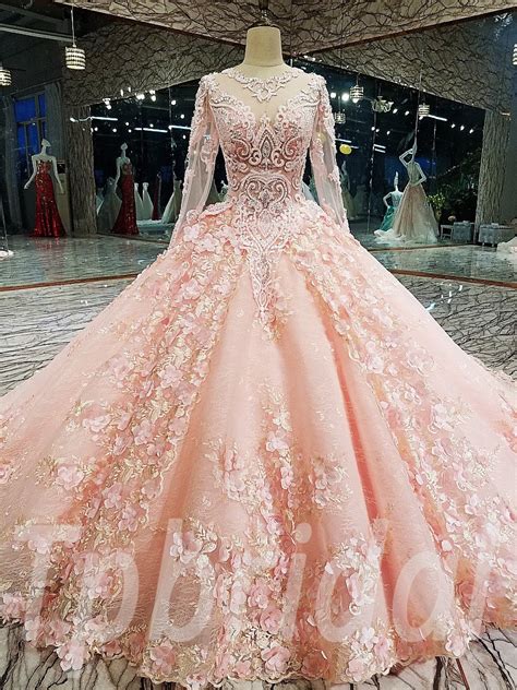 Pink Wedding Dress Plus Size Long Sleeve Ball Gown Bridal Dress