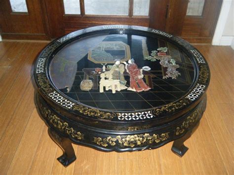 VTG ANTIQUE CHINESE BLACK LACQUER LOW COFFEE TABLE JAPAN JADE STONE MOP ...