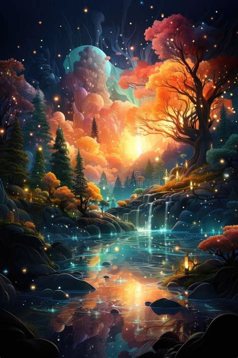 A Night Painting of a Forest Waterfall Enveloped in a Serene Atmosphere ...