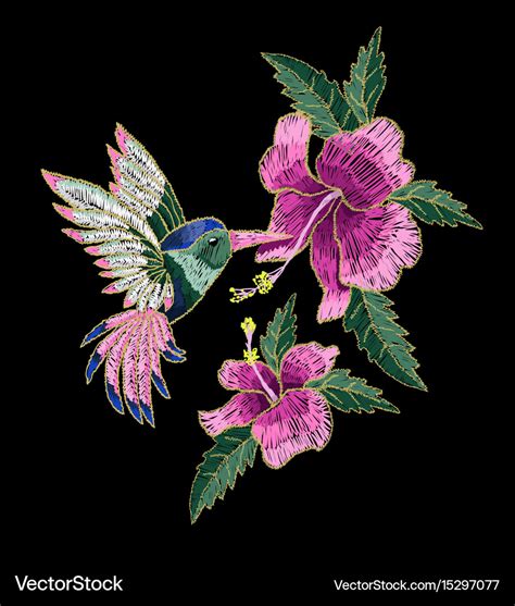 Embroidery hummingbird hibiscus Royalty Free Vector Image