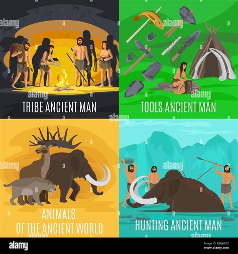 Ancient prehistoric stone age concepts. Primitive tools and mammoth hunting, making fire in cave ...