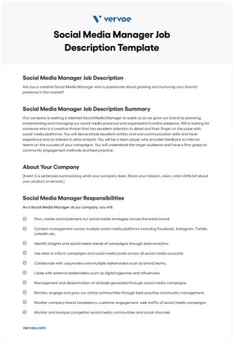 Social Media Manager Job Description Sample + Free PDF | Vervoe