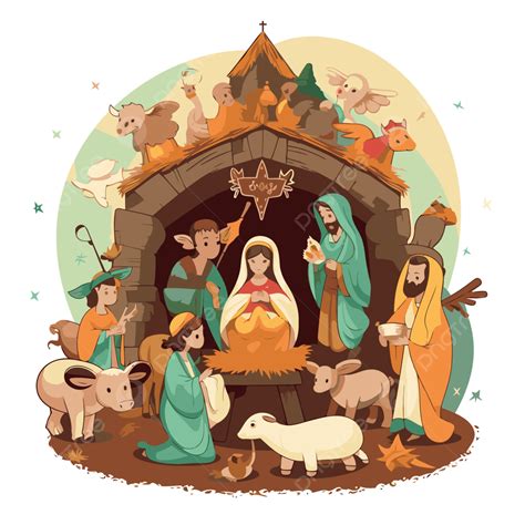 Free Nativity Scene Vector, Sticker Clipart Christmas Nativity Scene With Jesus And Animals ...