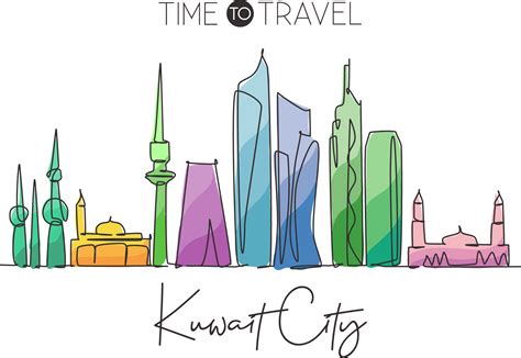 um desenho de linha contínua do horizonte da cidade do kuwait, kuwait ...