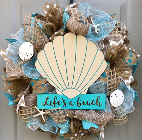 Life's A Beach Burlap Deco Mesh Wreath with Seashells, Seashell Wreath ...