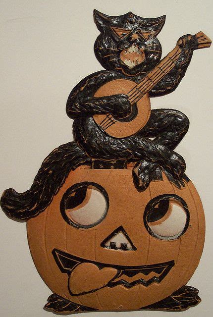 Vintage German Halloween Diecut Cat on Jack-O-Lantern with Banjo | Halloween antiques, Vintage ...