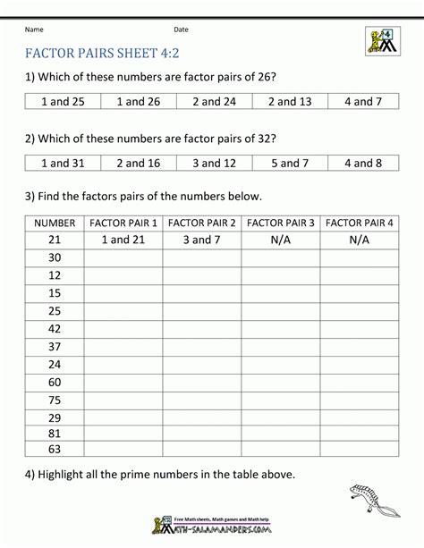 Factor Pairs Worksheet Pdf - FactorWorksheets.com