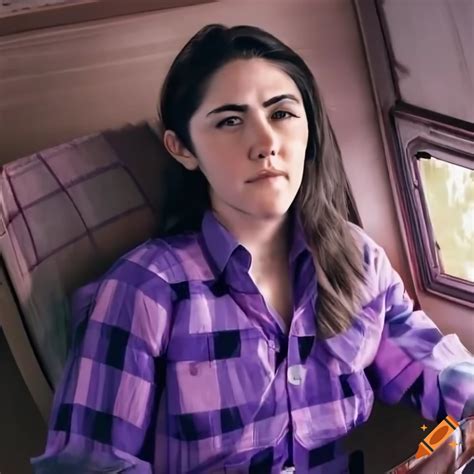 Actress isabelle fuhrman in purple plaid shirt and black leather trousers sitting in a caravan ...