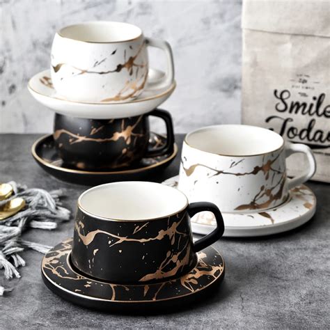 MUZITY Ceramic Coffee Cup And Saucer Creative Golden Design Porcelain Tea Cup Set With Stainless ...