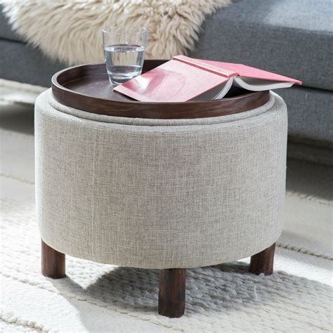 Contemporary Natural Fabric Round Storage Ottoman Footstool Seating w/ Tray - Ottomans ...