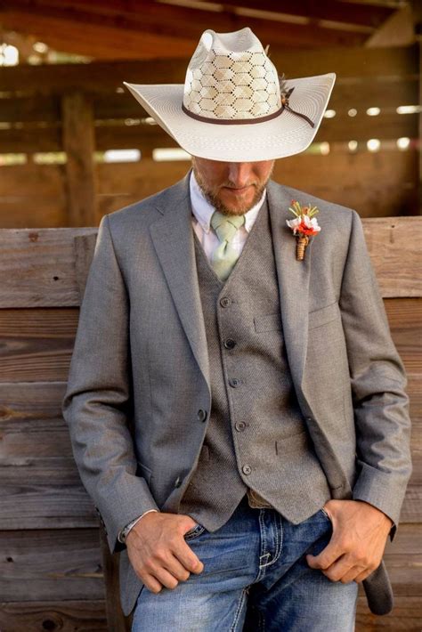 Groom attire for country western wedding. Grey suit jacket, jeans ...