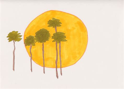 a drawing of three trees in front of the sun