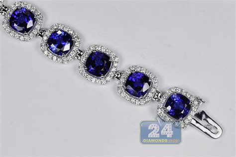 Womens Diamond Blue Sapphire Halo Bracelet 18K Gold 29.08 ct 7"