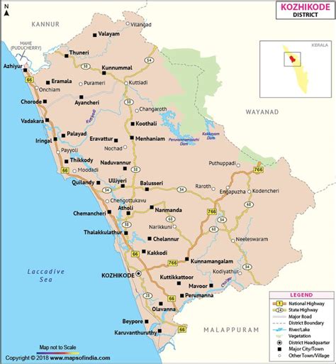 Kozhikode district Map showing major roads, district boundaries ...