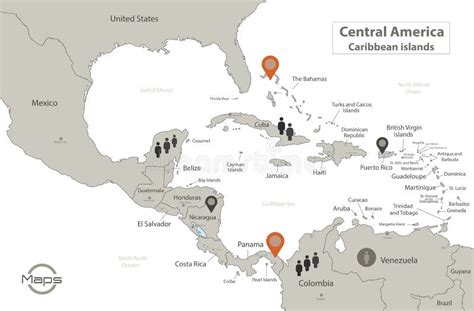 Caribbean Islands and Central America Map, Individual Regions with Names, Infographics and Icons ...