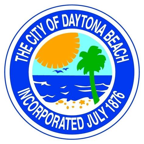 the city of daytona beach logo is shown in blue and white with an orange palm tree