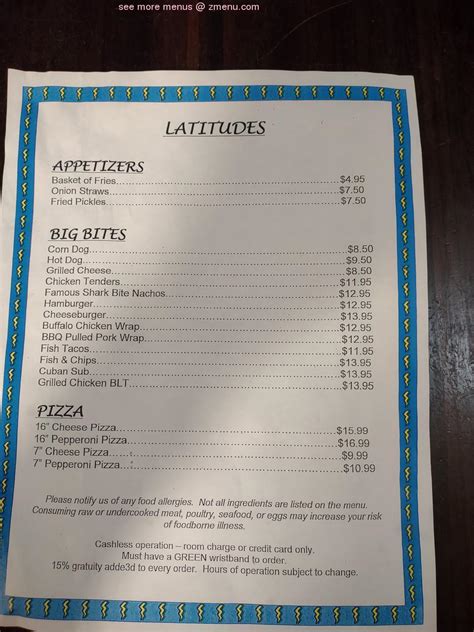 Menu at Latitudes Bar & Grill, Myrtle Beach