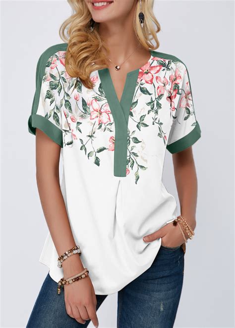 Notch Neck Floral Print Contrast Piping Blouse | Chemisier pour femme ...