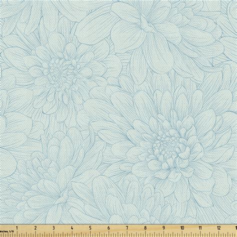 Turquoise Fabric by the Yard, Dahlia Flowers Bouquet Hand Drawn Style with Brush Strokes Effect ...