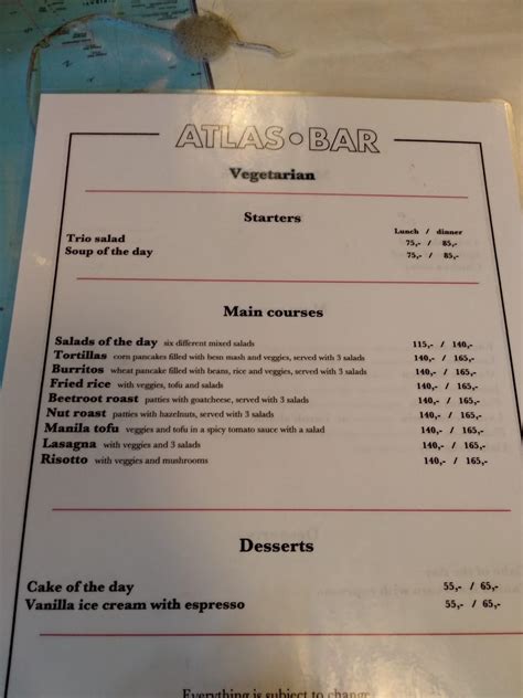 Menu at Atlas Bar, Copenhagen