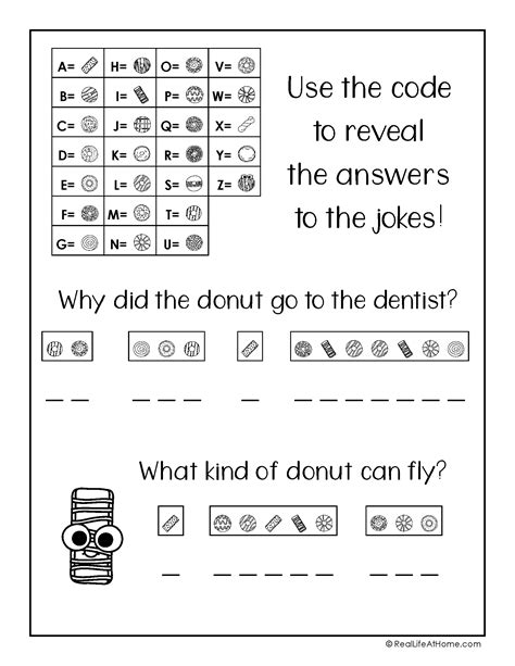 Crack the Code Puzzles Free Printable Featuring Donut Jokes