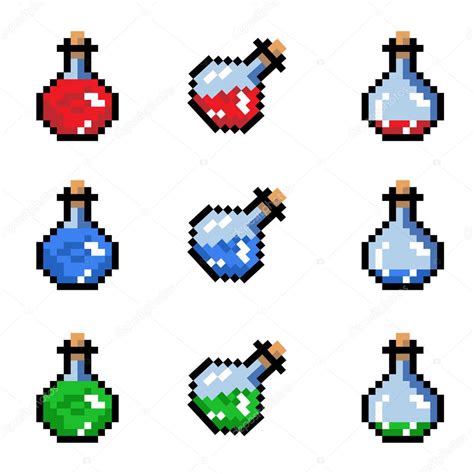 Set de frascos de poción vial de phial, estilo pixel art. Botella de píxeles de poción para ...