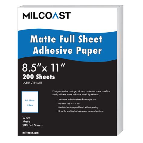 Milcoast Full Sheet 8.5” x 11” Matte Adhesive Sticker Paper Labels for Laser/InkJet Printers ...