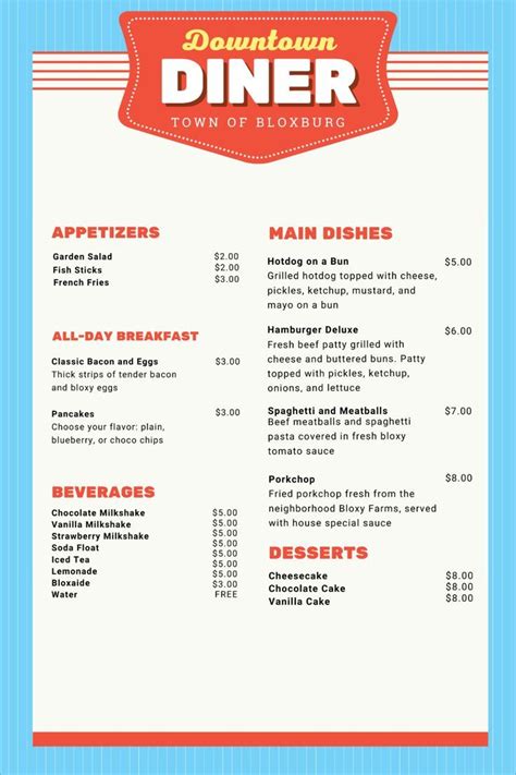 the menu for downtown diner is shown in red and blue