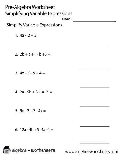 Variable Expressions Pre-Algebra Worksheet Printable | Pre algebra worksheets, Algebra equations ...