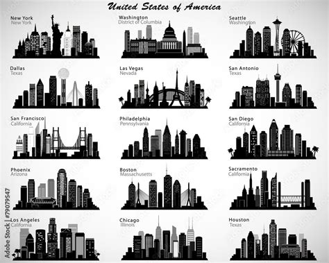 USA cities skylines set. Vector silhouettes Stock Vector | Adobe Stock