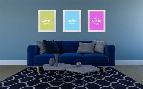 Download Empty photo frames minimal living room with blue sofa and carpet product mockup - Мокап ...