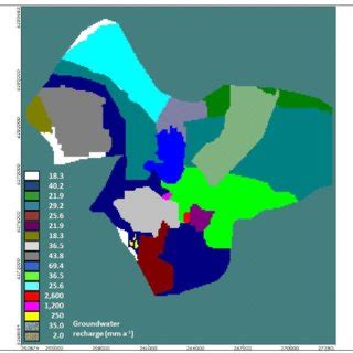 MODFLOW printout of groundwater recharge zones in the model domain of... | Download Scientific ...