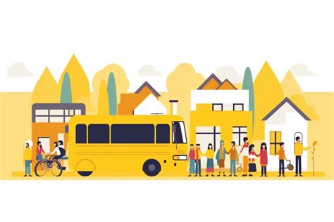 modern yellow bus in a village with happy people around. front shot, minimalist style ...