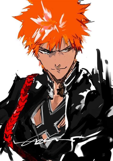 an anime character with orange hair and black clothes, holding his hands on his chest