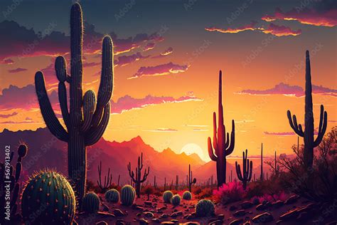 Cactus Sunset Desert Background, Stunning Landscape, Sunset, Sunrise, Pink and Orange Skies ...