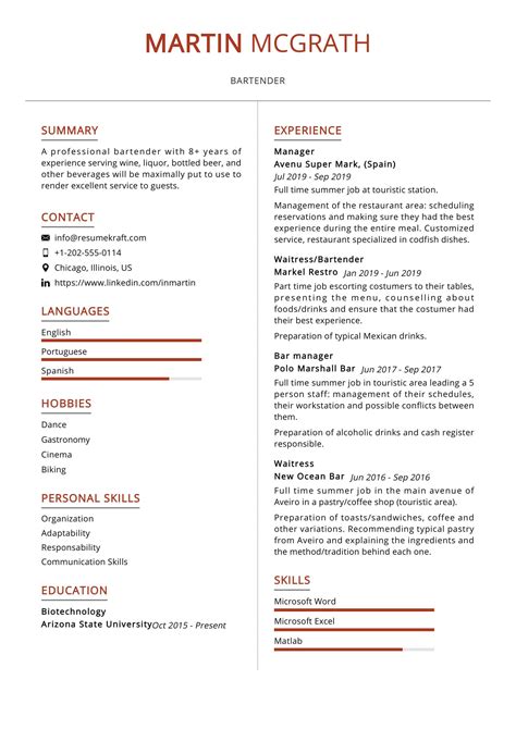 Bartender Resume Sample in 2024 - ResumeKraft