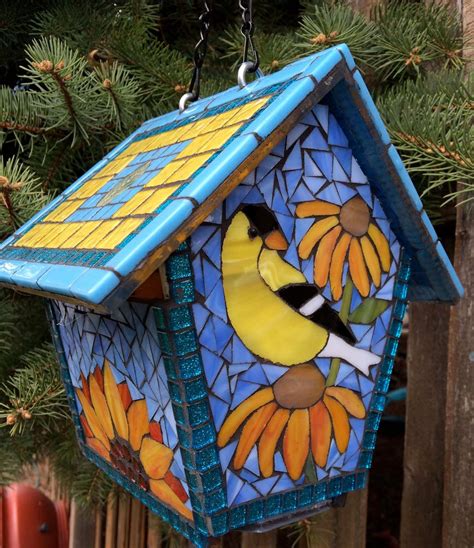 Birdhouse Stained Glass Mosaic Goldfinch & Sunflowers | Etsy