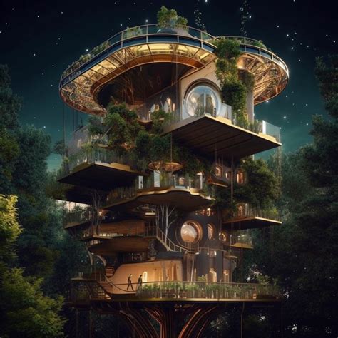 a tall tree house with lots of windows and balconies on the top floor