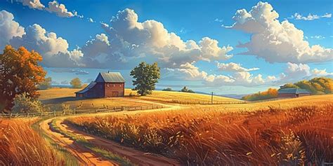 Painting Of A Farm Scene With Sunset Background, Painting, Farm, Sunset Background Image And ...