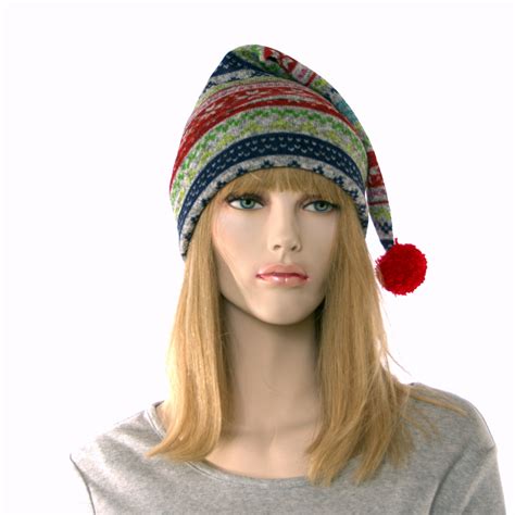 Stocking Cap Sweater Fleece with Pompom Gray Striped Hat