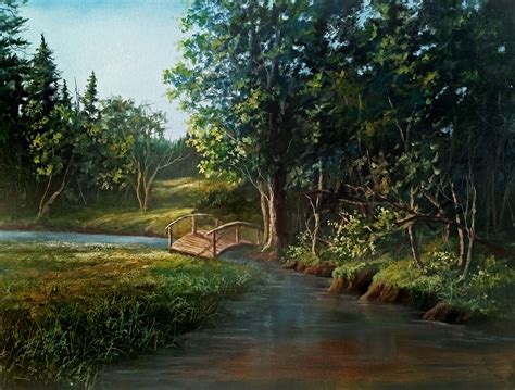 a painting of a small bridge over a stream in the middle of a wooded area