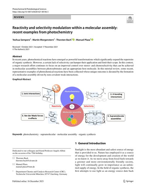 (PDF) Reactivity and selectivity modulation within a molecular assembly: recent examples from ...