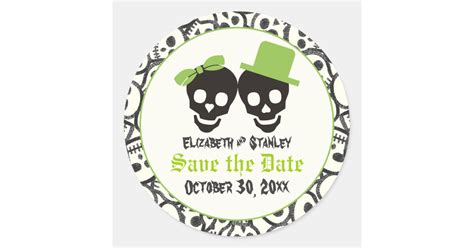 Elegant skulls Halloween wedding Save the Date Classic Round Sticker | Zazzle