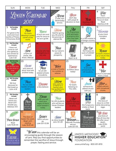 Printable Lent Calendar | United Methodist Higher Education Foundation | Lenten, Lent, Sunday school