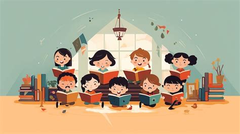 Premium AI Image | a cartoon illustration of children reading books in ...