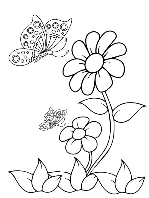 Two Lovely Flowers and Butterflies Coloring Page - Free Printable Coloring Pages for Kids